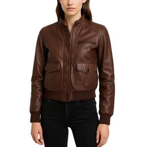 Vintage Verducci Brown Leather Bomber Jacket Zip Front Pockets Women’s Size 8